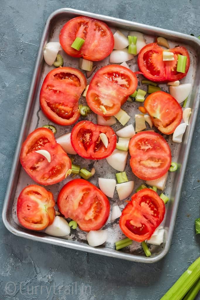 before roasting all ingredients on tray for roasted tomato basil soup