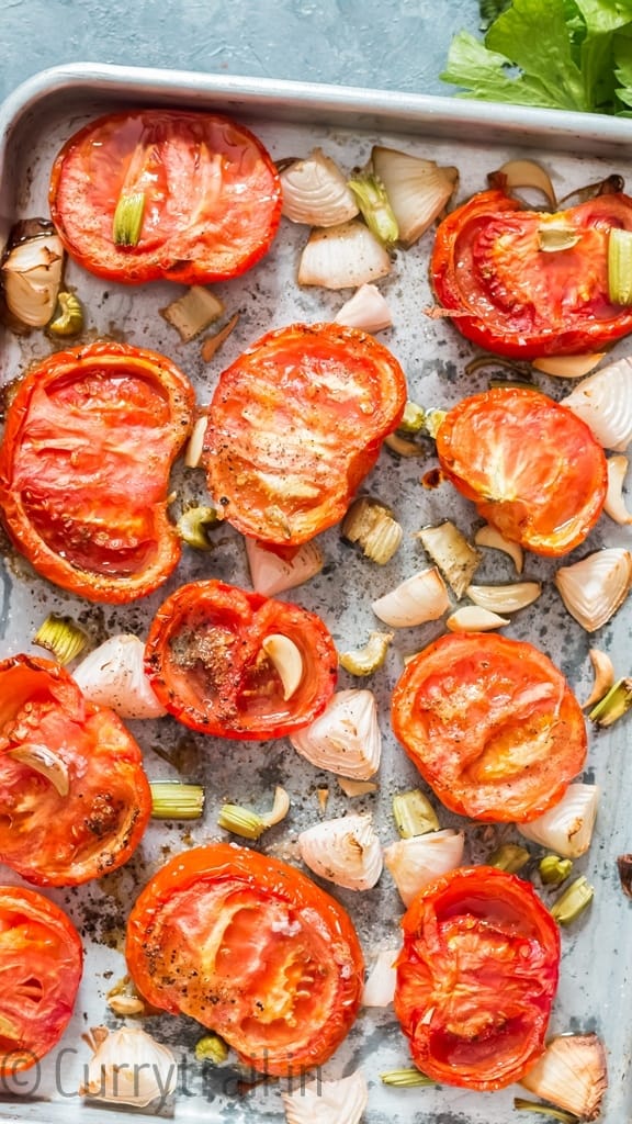 after roasting all ingredients on tray for roasted tomato basil soup