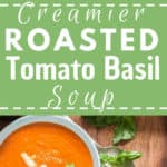 Roasted tomato basil soup with text overlay