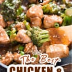 broccoli and chicken stir fry in skillet with text