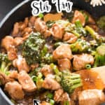 stir fry chicken and broccoli in skillet with text