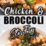 chicken stir fry with broccoli cooked in skillet with text