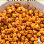 spicy roasted chickpeas roasted in oven with text overlay