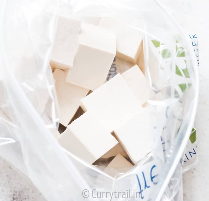 Tofu cubes in zip lock pack -prep work for general tso's tofu