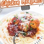 Chicken Parmesan meatballs cooked in instant pot served over pasta with text