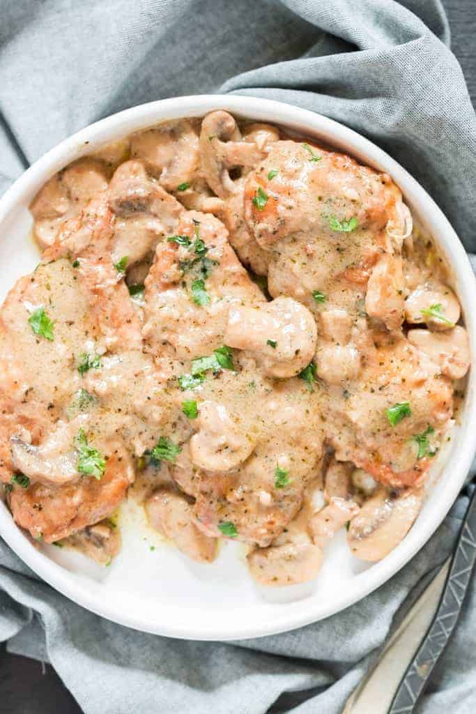 instant pot chicken marsala steaks on white plate with napkin 