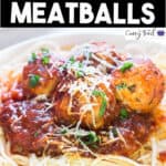 instant pot chicken parmesan meatballs served with pasta with text