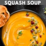 instant pot butternut squash soup served in black bowl with text overlay