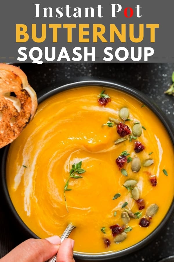 instant pot butternut squash soup served in black bowl with text overlay