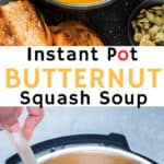 instant pot butternut squash soup served in black bowl with text overlay