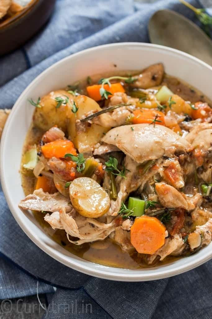 instant pot chicken stew in white bowl