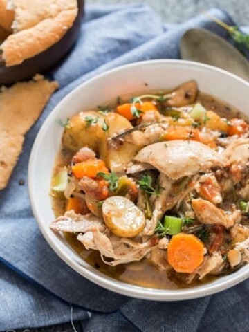 instant pot chicken stew in white bowl