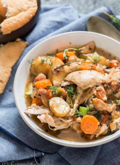 instant pot chicken stew in white bowl