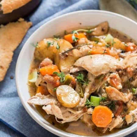 instant pot chicken stew in white bowl