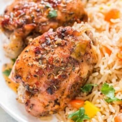 cajun spiced instant pot chicken and rice served on white plate