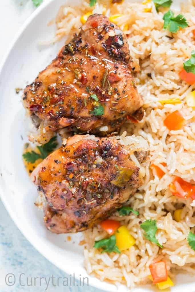 spicy cajun chicken and long grain rice cooked in instant pot on white plate