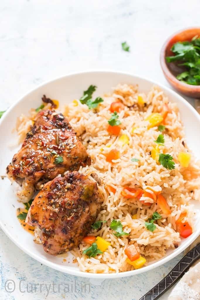 instant pot chicken and rice on white plate