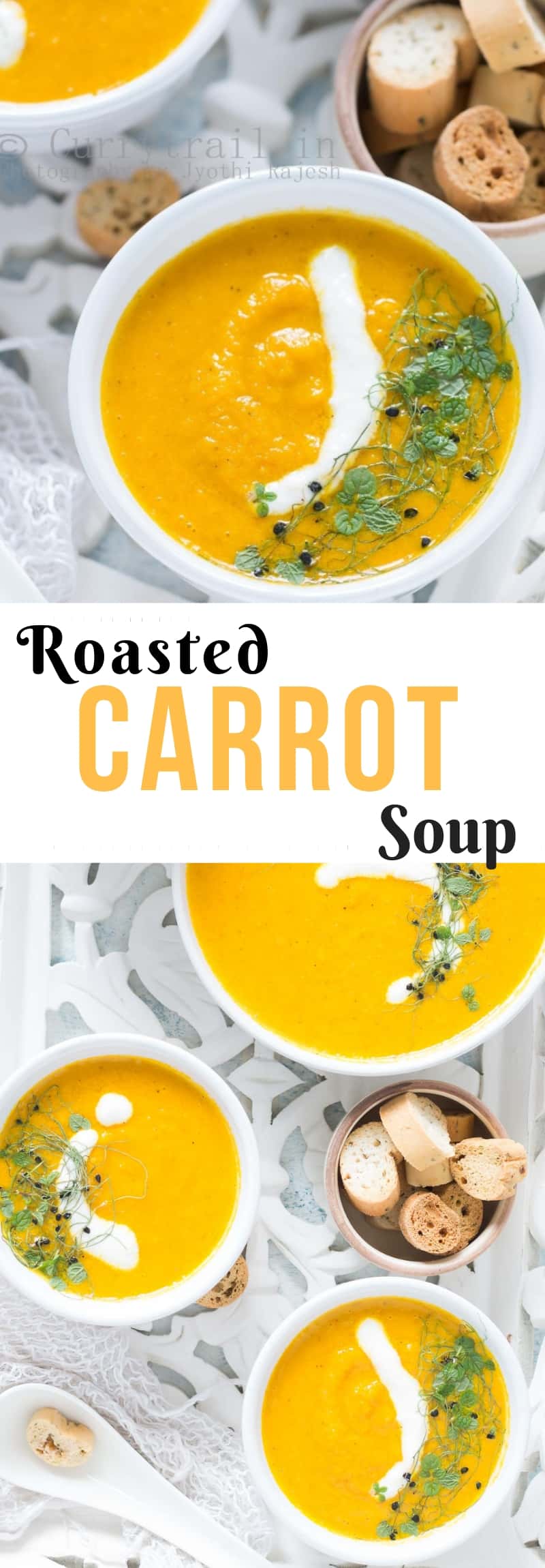Roasted carrot soup with text overlay