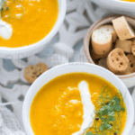 Roasted carrot soup with text overlay