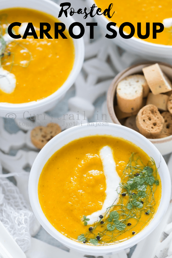 Roasted carrot soup with text overlay