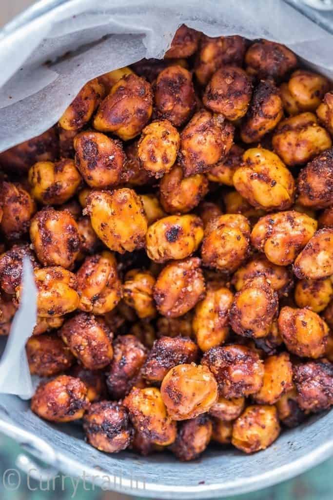 close up of spicy roasted chickpeas in snack basket