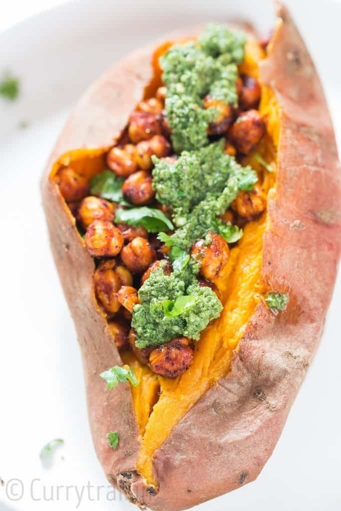 sweet potatoes stuffed with spicy chickpeas and pesto