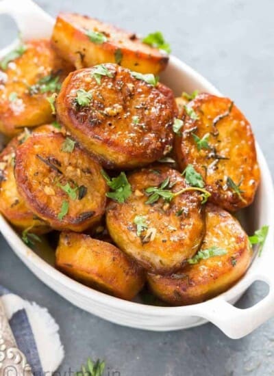 melting potatoes in white ceramic dish