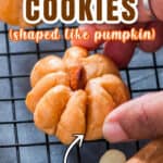 pumpkin shape cookies on wire rack with text