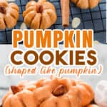 pumpkin cookies shaped like pumpkin on wire rack with text