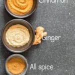 spices to make pumpkin pie spice in small bowls with text overlay