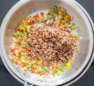 Cooked quinoa in pan for cooking quinoa stuffed butternut squash