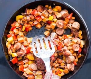 Making small well in sweet potato hash