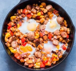 baked eggs on sweet potato hash