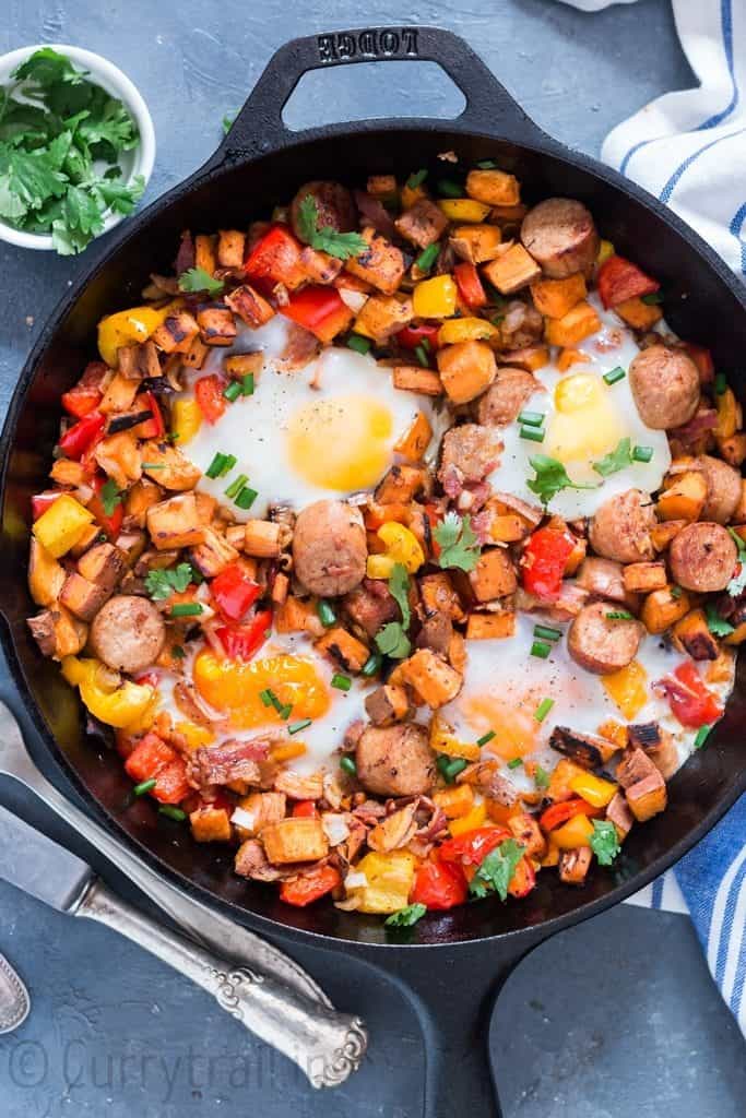 sweet potato hash cooked in cast iron pan