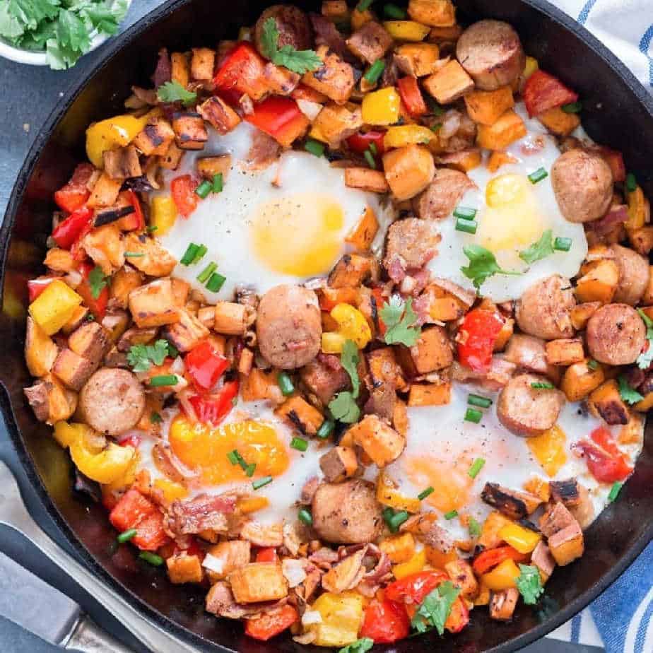 Sweet Potato Hash with Sausages and Eggs