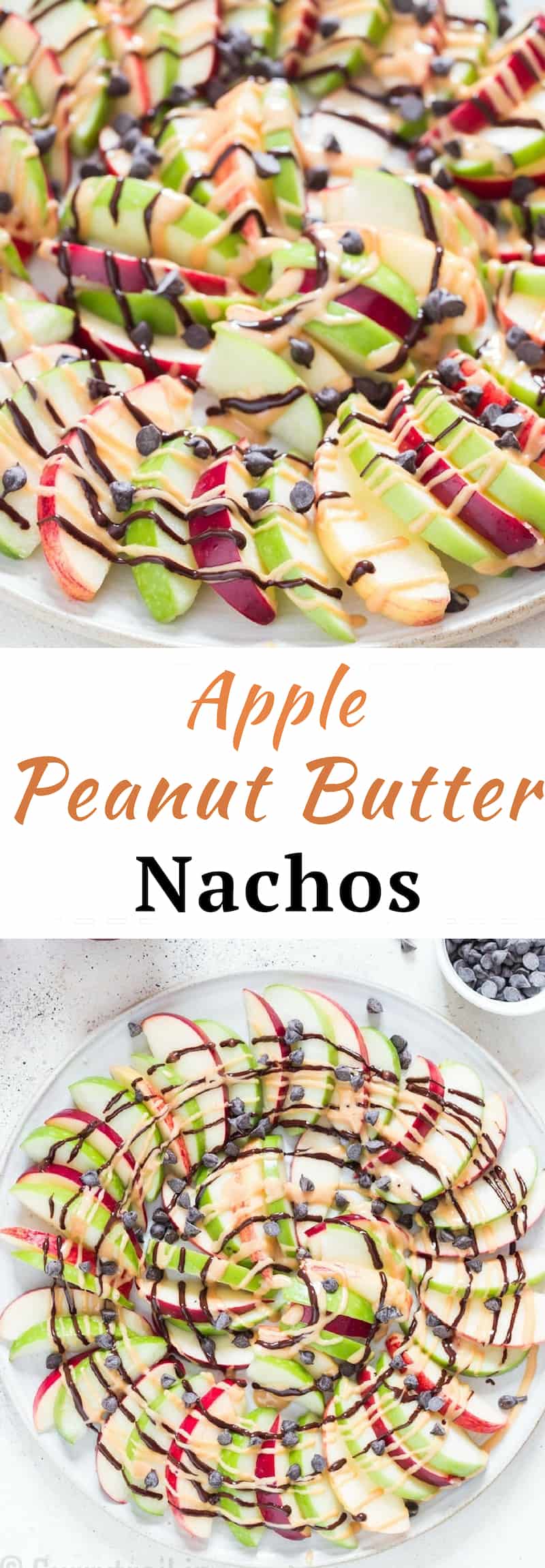 apple and peanut butter nachos with text overlay