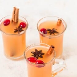 three cups of Instant pot spiced apple cider with fresh cranberries cinnamon stick and star anise garnish