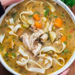 instant pot chicken noodles soup in white bowl
