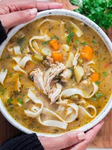 instant pot chicken noodles soup in white bowl