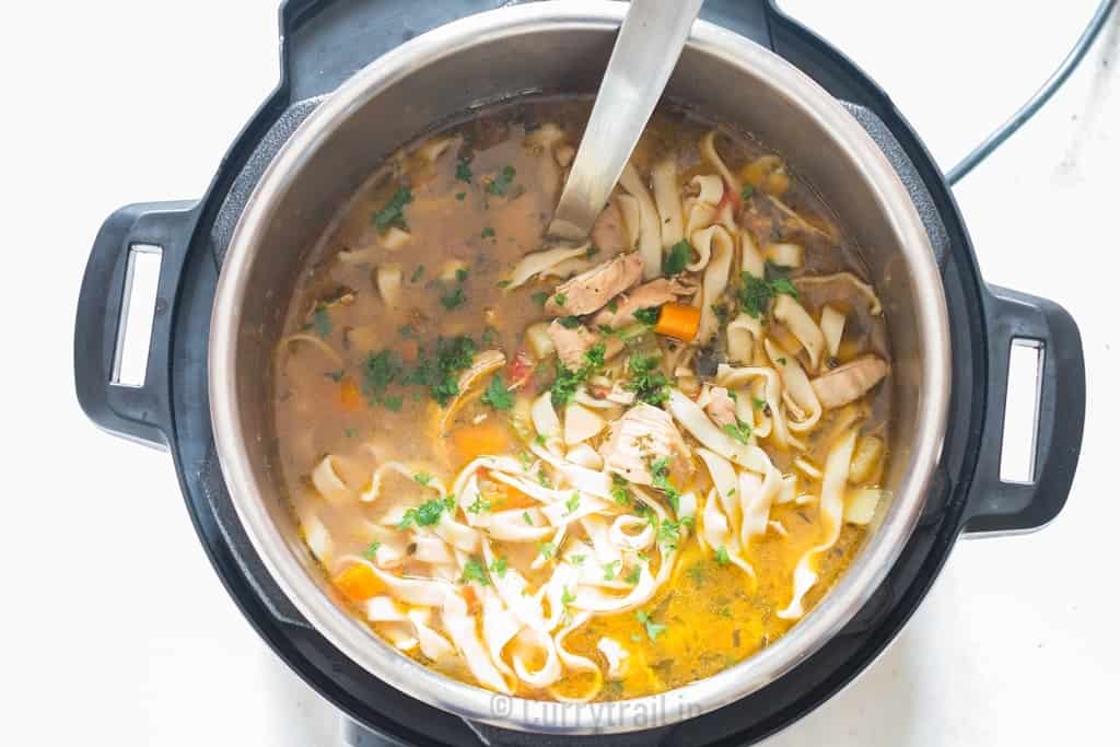 instant pot chicken noodles soup inside pot with soup ladle