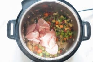 chicken breasts added inside pot along with vegetables for instant pot chicken noodles soup