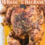 whole chicken cooked in instant pot in tray with text