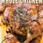 whole chicken cooked in instant pot in tray with text