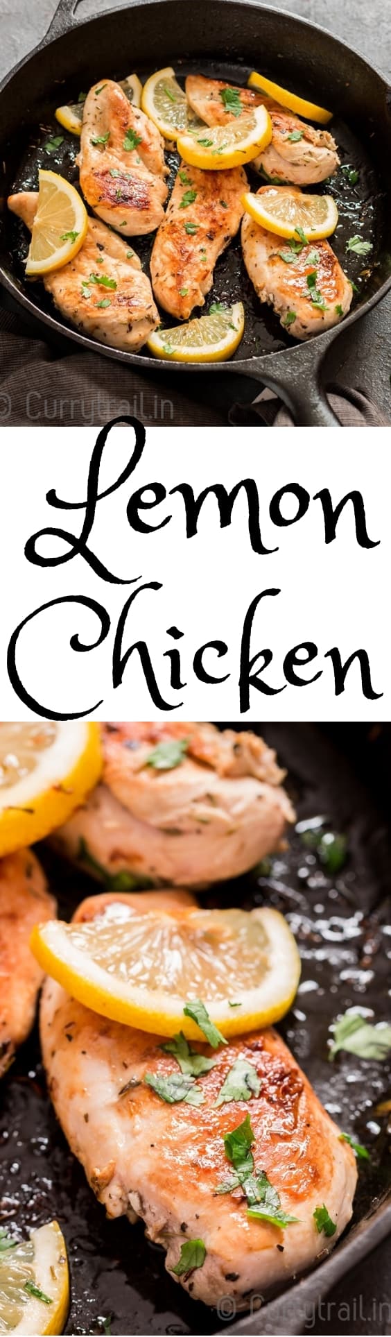 lemon chicken in cast iron skillet with text overlay