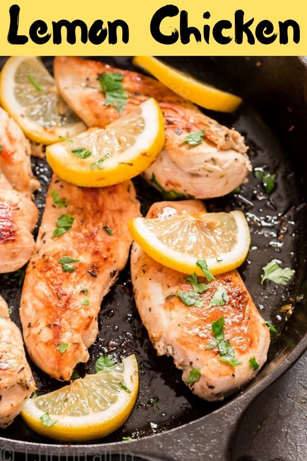 lemon chicken in cast iron skillet with text overlay