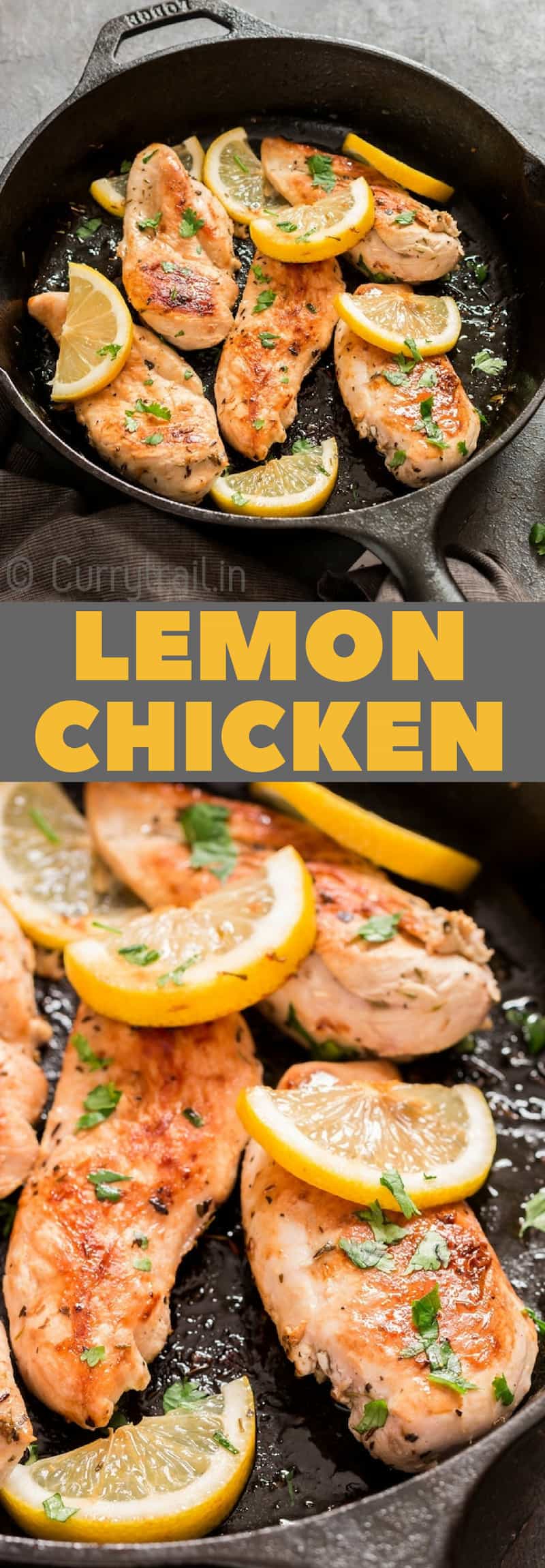 lemon chicken in cast iron skillet with text overlay