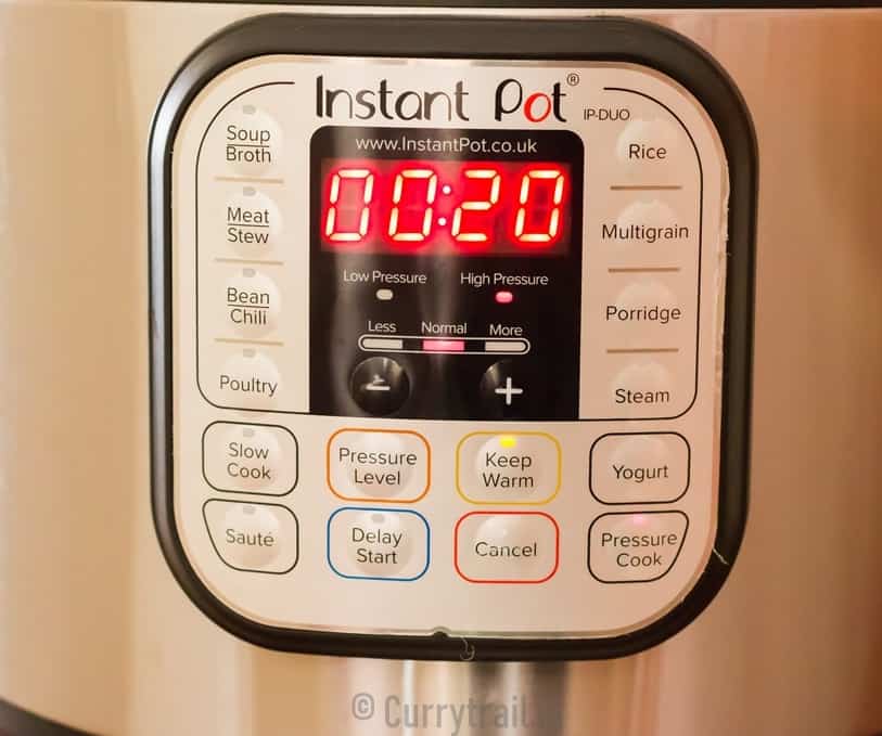 20-minute timer for cooking pressure cooker whole chicken in instant pot.