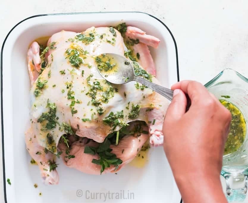 rubbing butter herb mix on whole chicken placed on a white tray.
