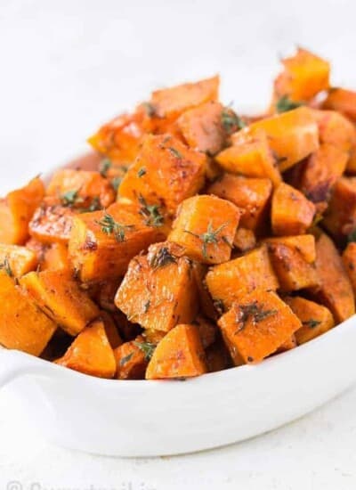 roasted butternut squash in white bowl