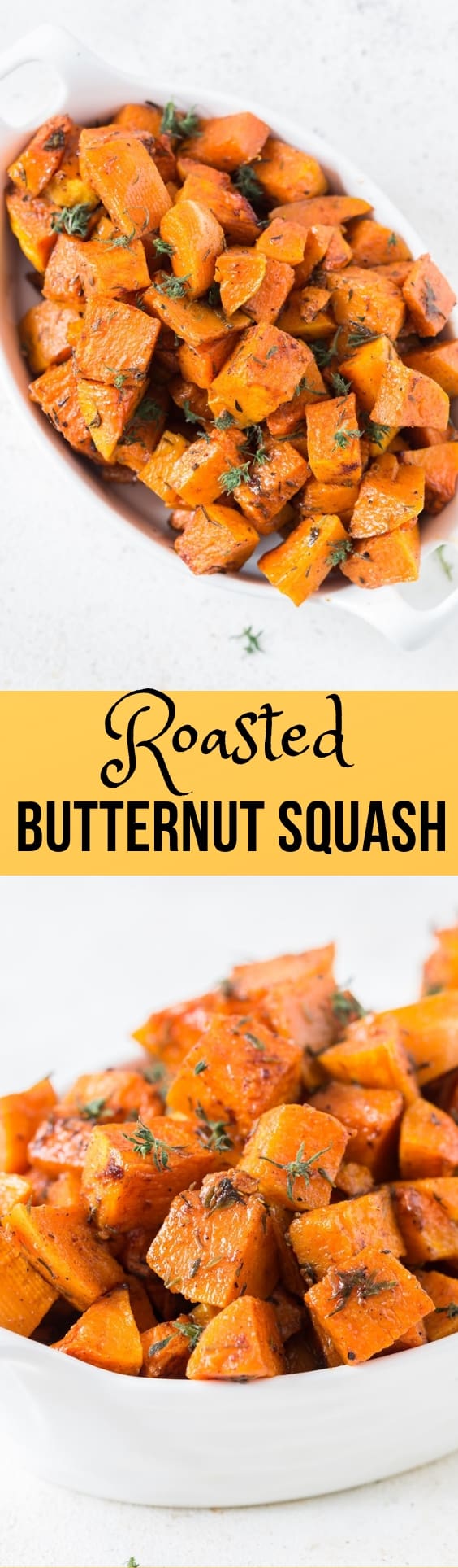 roasted butternut squash in white bowl with text overlay